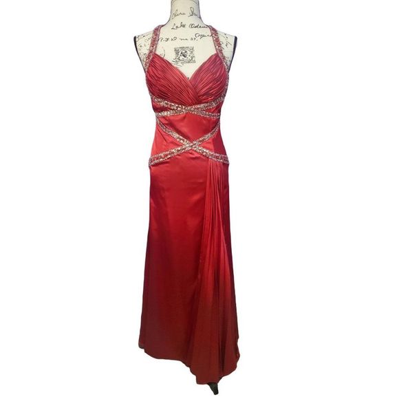 Le Gala Tony Bowls Womens Red Embellished Gown Size 8 - Picture 1 of 12
